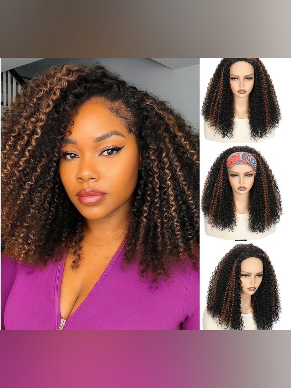 Kinky Curly Half Wig Synthetic 210% Density 1B/30 3 in 1 with Drawstring 22"